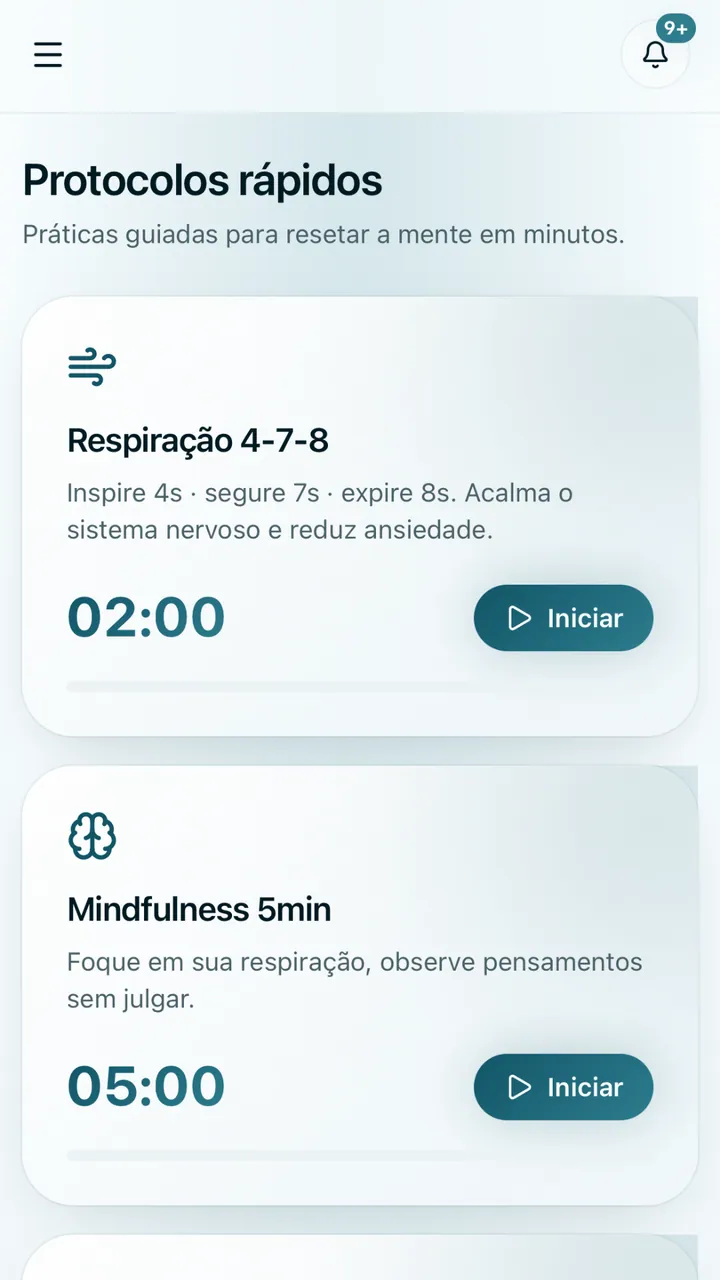Tela de rotinas e práticas rápidas da plataforma VYOM